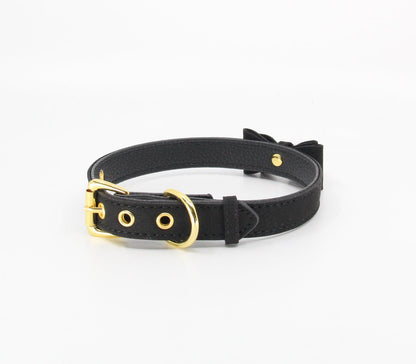 Berlin Baby - Faux Suede-Leather Collar with Cat Bell & Bow - Black/Gold - divasdenau