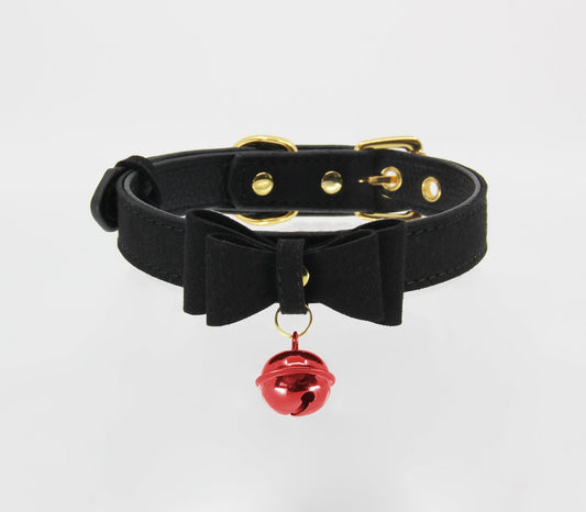 Berlin Baby - Faux Suede-Leather Collar with Cat Bell & Bow - Black/Red - divasdenau
