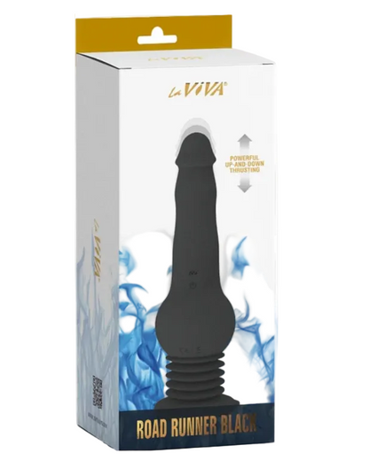Boxed adult novelty product labeled 'ROAD RUNNER BLACK' on a white background. The packaging shows a black phallus-shaped item with blue flame graphics and the brand name 'la VIVA' at the top.