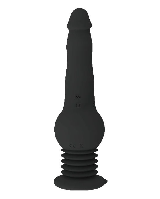 Black silicone adult novelty massager with a flared suction base, shown on a plain white background.