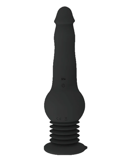Black silicone adult novelty massager with a flared suction base, shown on a plain white background.