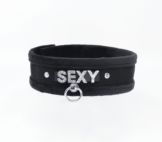Diamanté Embellished Soft Collar - 'Sexy' - Black - divasdenau