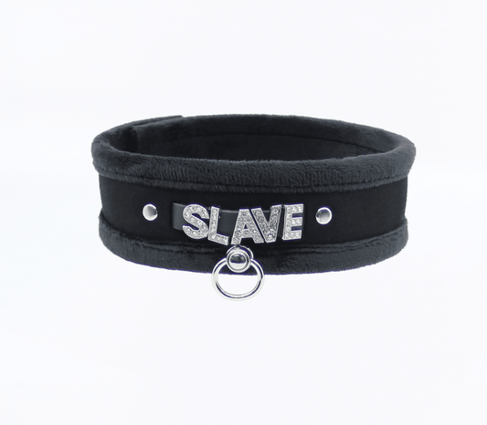 Diamanté Embellished Soft Collar - 'Slave' - Black - divasdenau