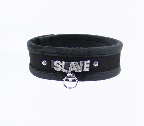 Love in Leather - Diamanté Embellished Soft Collar - 'Slave' - Black