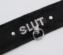 Load image into Gallery viewer, Love in Leather - Diamanté Embellished Soft Collar - &#39;Slut&#39; - Black