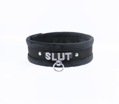 Diamanté Embellished Soft Collar - 'Slut' - Black - divasdenau