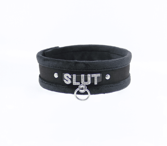 Diamanté Embellished Soft Collar - 'Slut' - Black - divasdenau