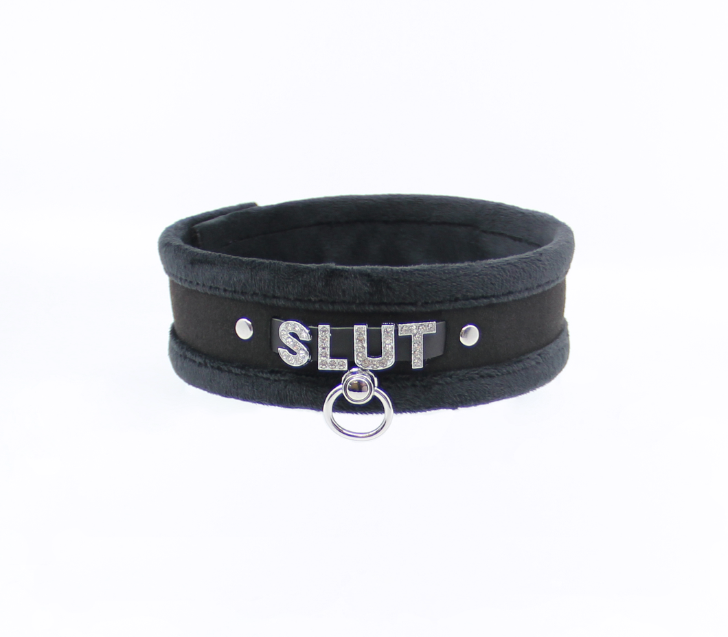 Love in Leather - Diamanté Embellished Soft Collar - 'Slut' - Black
