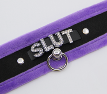 Load image into Gallery viewer, Love in Leather - Diamanté Embellished Soft Collar - &#39;Slut&#39; - Purple