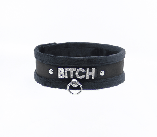 Diamanté Embellished Soft Collar - 'Bitch' - Black - divasdenau