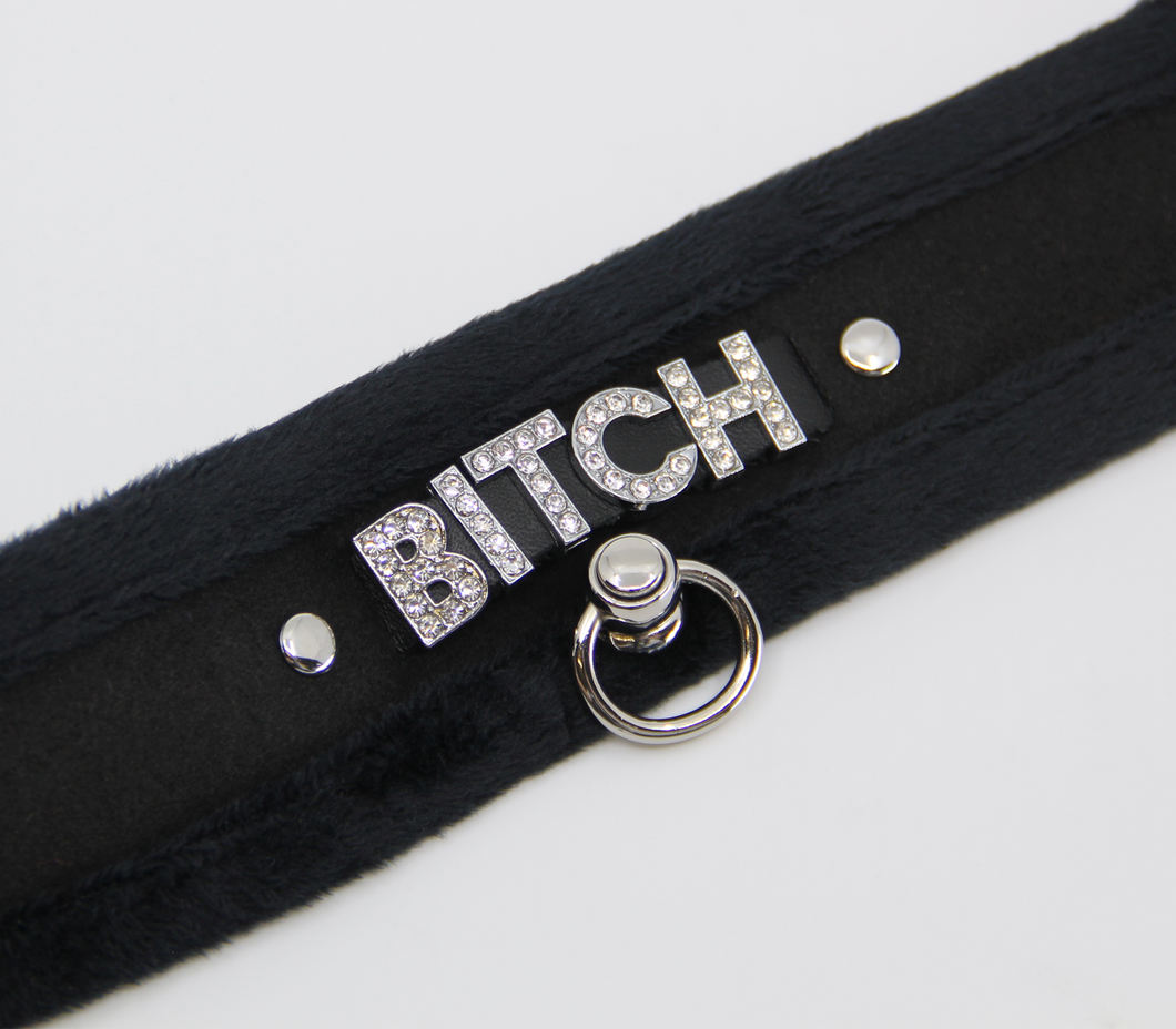 Love in Leather - Diamanté Embellished Soft Collar - 'Bitch' - Black