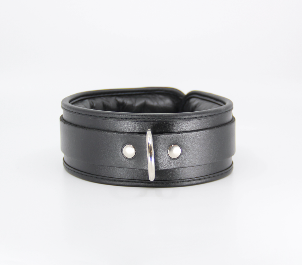 Padded Leather Collar with Lockable Buckle - Black