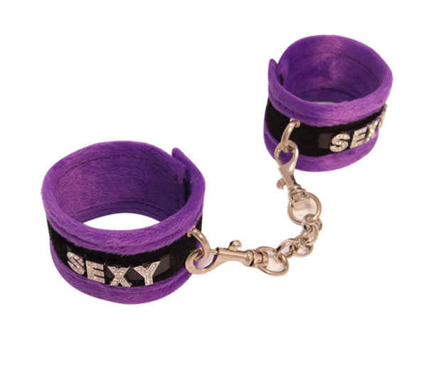 Diamanté Embellished Soft Cuffs - 'Sexy' - Purple