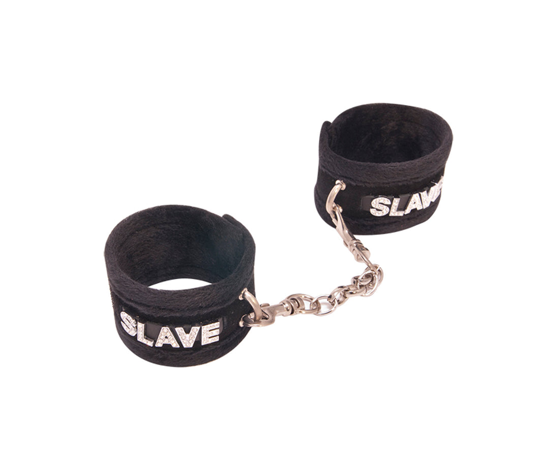 Love in Leather - Diamanté Embellished Soft Cuffs - 'Slave' - Black
