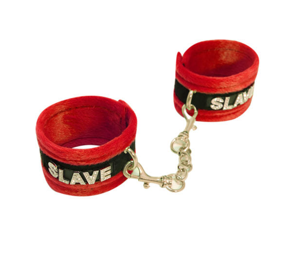 Love in Leather - Diamanté Embellished Soft Cuffs - 'Slave' - Red