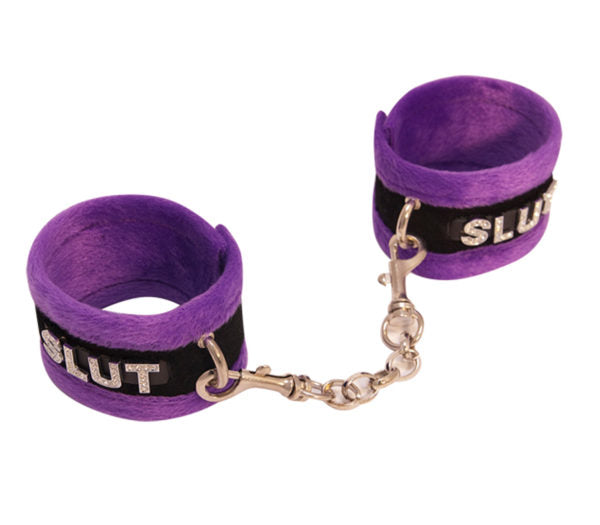 Love in Leather - Diamanté Embellished Soft Cuffs - 'Slut' - Purple