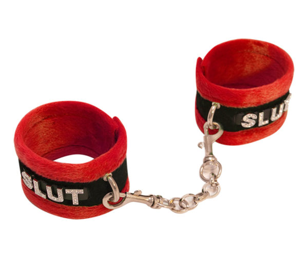 Love in Leather - Diamanté Embellished Soft Cuffs - 'Slut' - Red