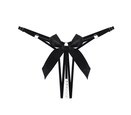 Crotchless Pearls Panty with Bow - Black - divasdenau