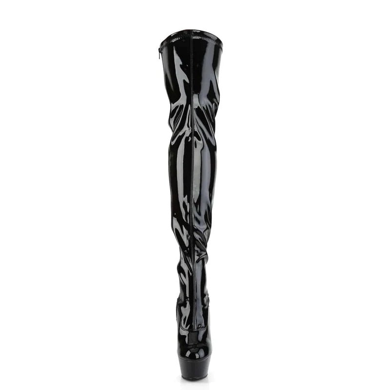Pleaser - Kiss Platform Thigh High Boot - Black Stretch Patent - divasdenau