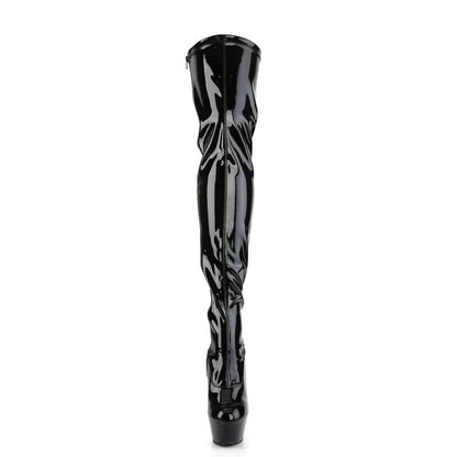 Pleaser - Kiss Platform Thigh High Boot - Black Stretch Patent - divasdenau