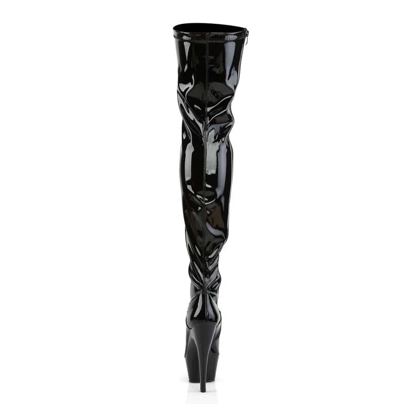 Pleaser - Kiss Platform Thigh High Boot - Black Stretch Patent - divasdenau