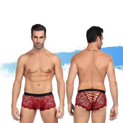 Men's Lace Boxer Brief with Criss-Cross Ribbon Detail at Back - Red