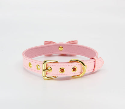 Berlin Baby - Faux Suede-Leather Collar with Cat Bell & Bow - Baby Pink - divasdenau