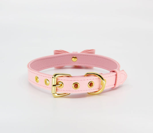 Berlin Baby - Faux Suede-Leather Collar with Cat Bell & Bow - Baby Pink - divasdenau