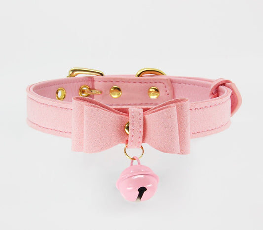 Berlin Baby - Faux Suede-Leather Collar with Cat Bell & Bow - Baby Pink - divasdenau