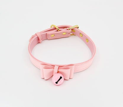 Berlin Baby - Faux Suede-Leather Collar with Cat Bell & Bow - Baby Pink - divasdenau