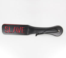 Load image into Gallery viewer, Love in Leather - Faux Leather Slapper Paddle &#39;Slut&#39; Imprint - Red &amp; Black