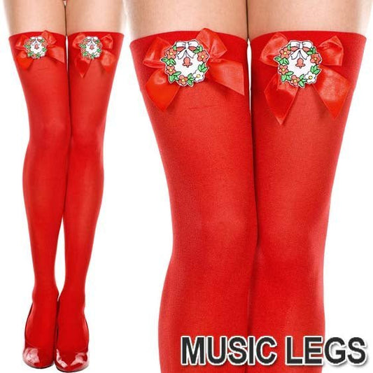 Music Legs - Stockings Thigh High Opaque XMAS Garland Bow - divasdenau