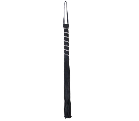 Suede Leather Whip with Chain Embellished Handle - Black - divasdenau